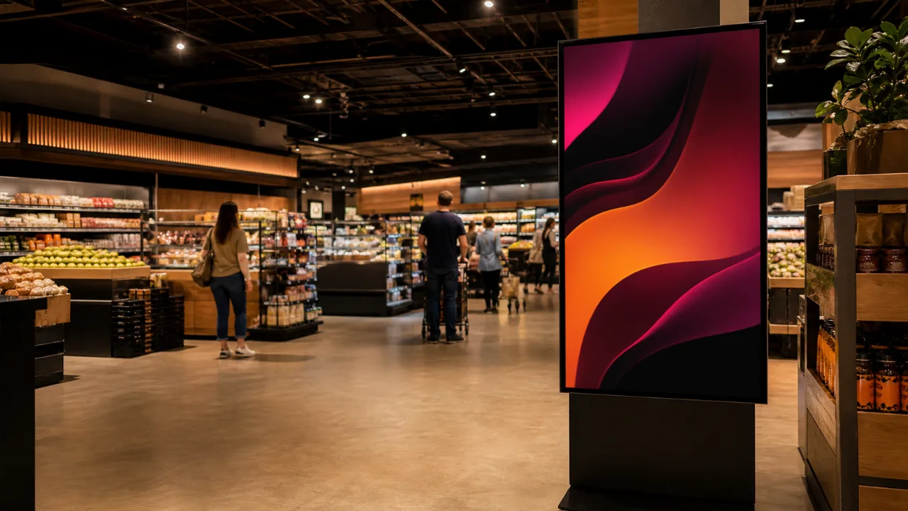 Tela digital vertical em destaque no interior de um supermercado
